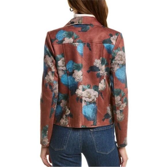 Elie Tahari | Faux Suede Floral Printed Drape Front Zip Jacket Pockets Brown S - Picture 2 of 10